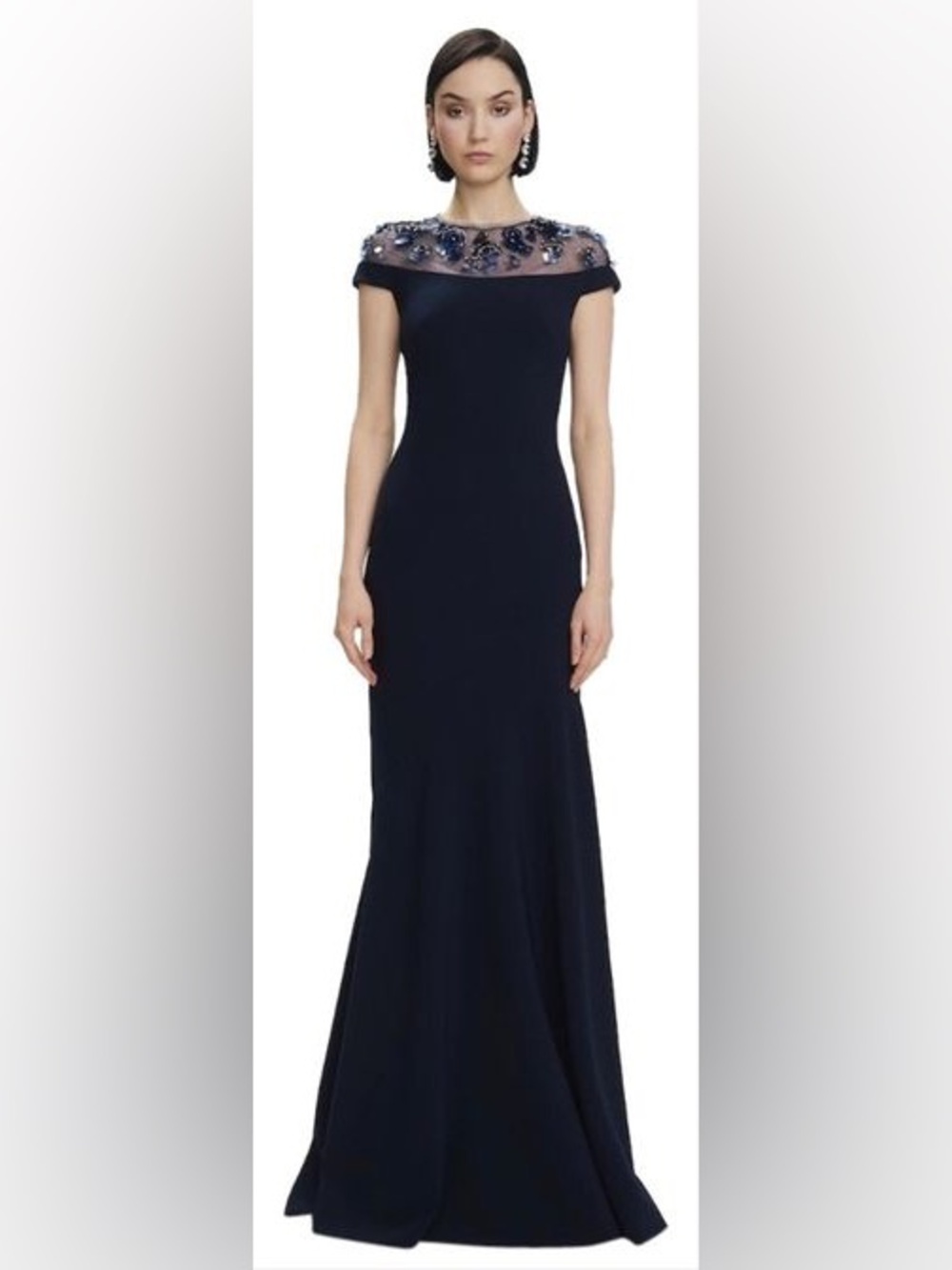 THEIA Navy Blue Cap Sleeve Embellished Illusion Dress Yoke Mermaid Gown size 8